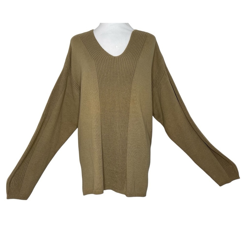 Liz Claiborne Tan V-Neck Ribbed Knit Long Sleeve Pull Over Sweater XLg Cozy